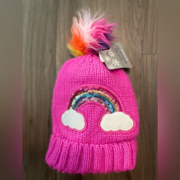 Pink Rainbow Sequins Knit Beanie with Pom Pom for Kids OS-NWT - Picture 1 of 4